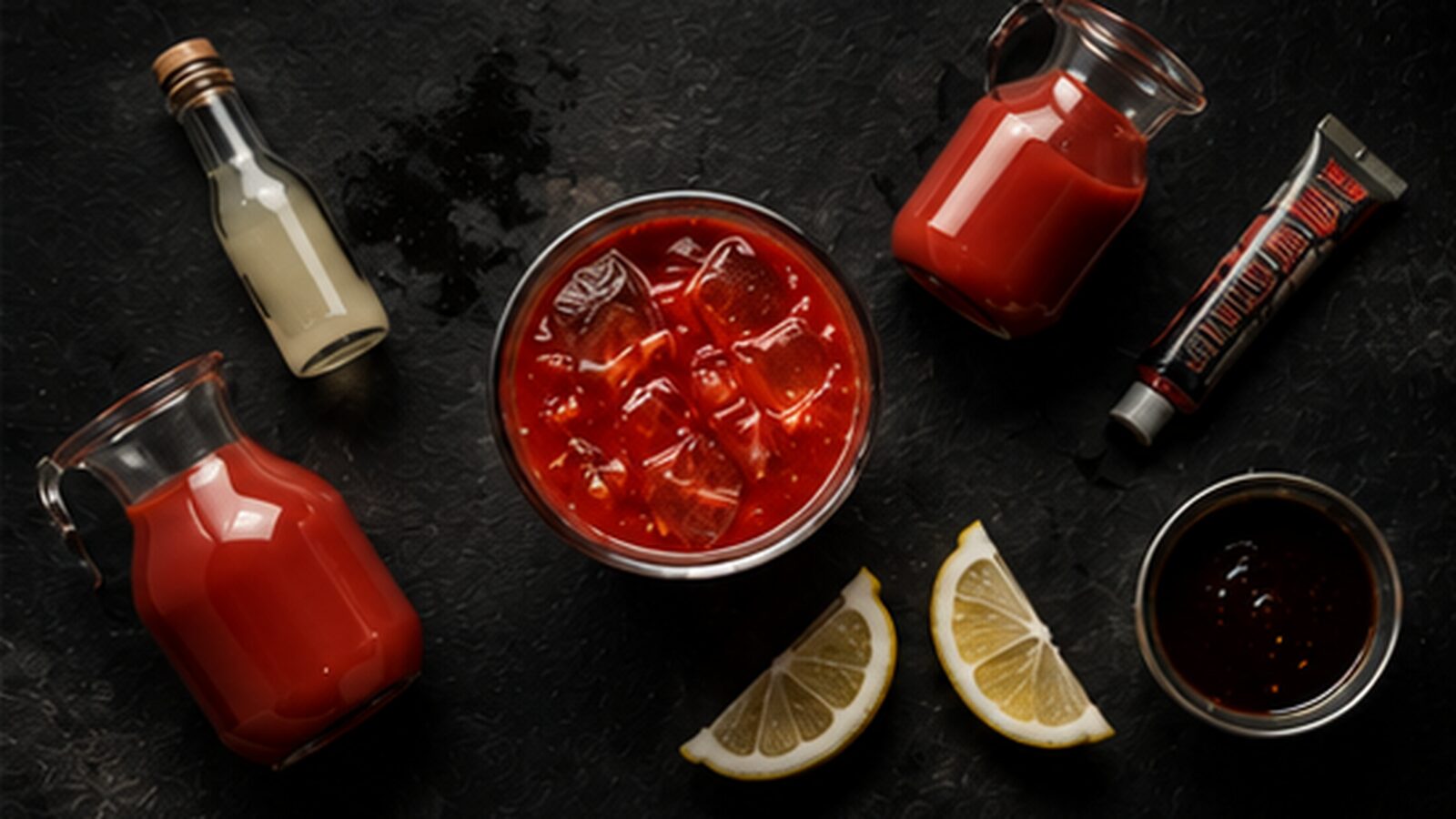 Overhead flat lay of Bloody Mary with Clamato substitute ingredients arranged in exploded diagram style