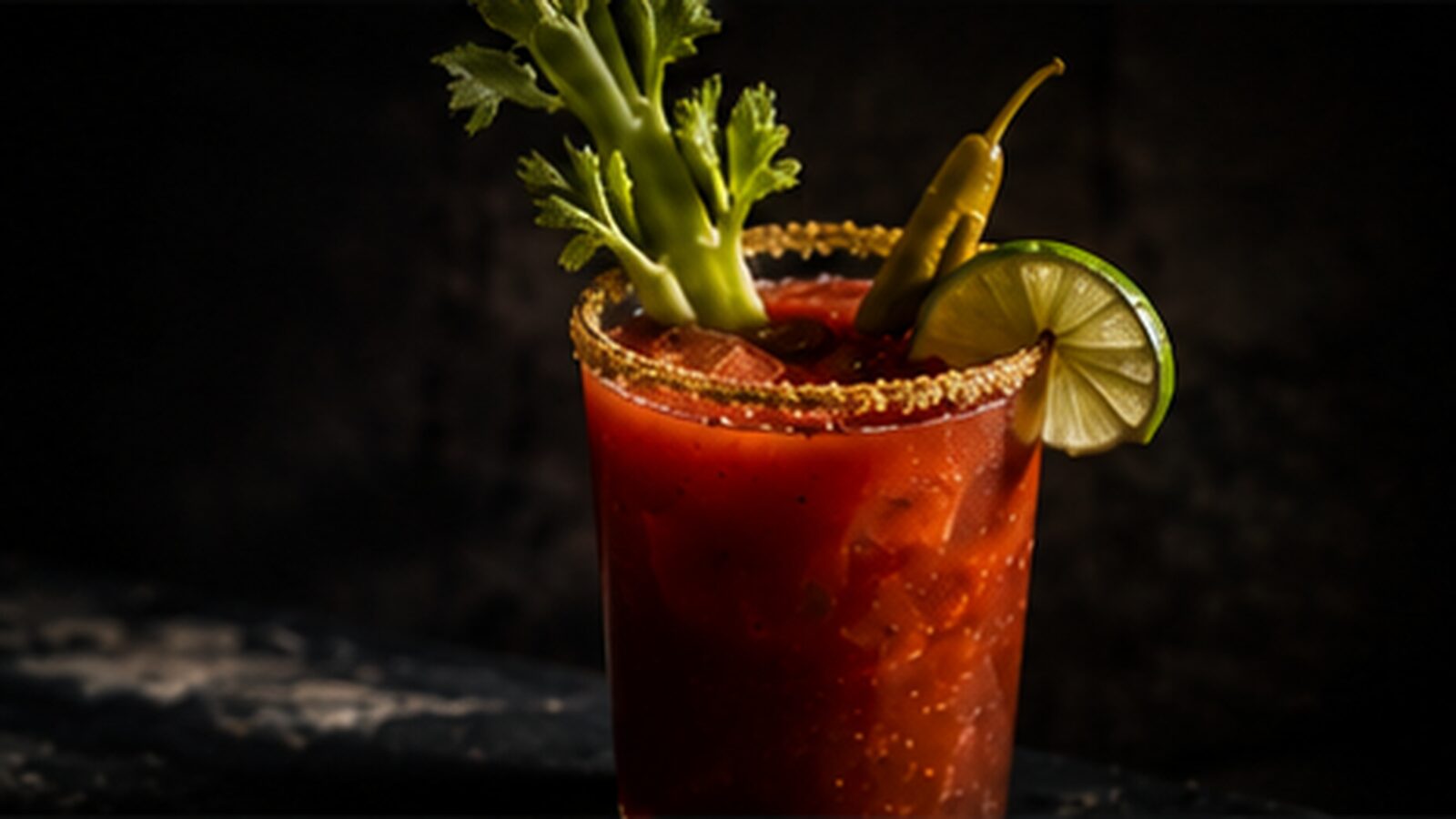 Classic Caesar cocktail with celery salt rim, celery stalk, lime wedge, and pickled bean spear on dark slate