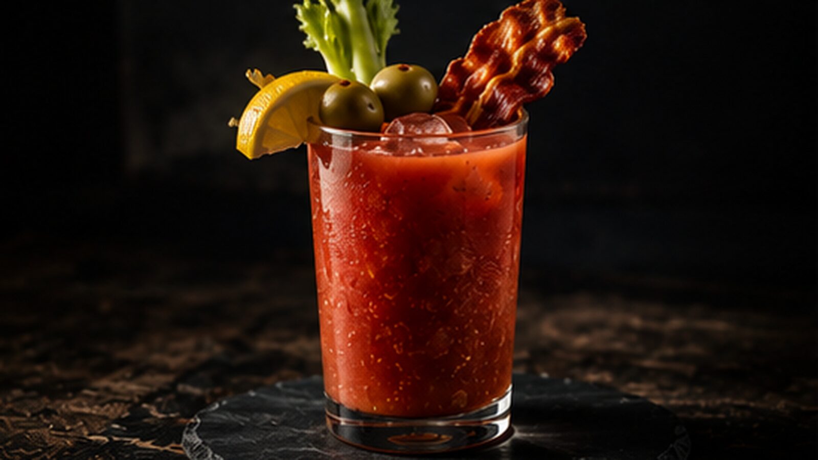 Clamato Bloody Mary in a tall pint glass with celery, lemon, olive, and bacon garnish