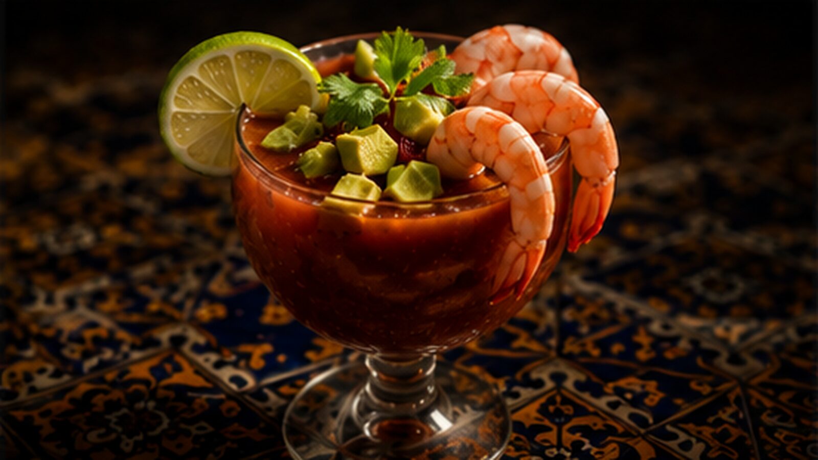 Coctel de Camaron Bloody Mary with shrimp, avocado, cilantro, and Tajín rim — Mexican-style