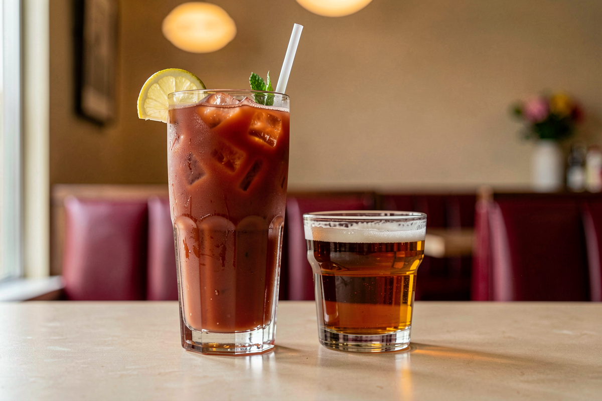 A Bloody Mary next to a small beer chaser, or snit, on a diner tabletop