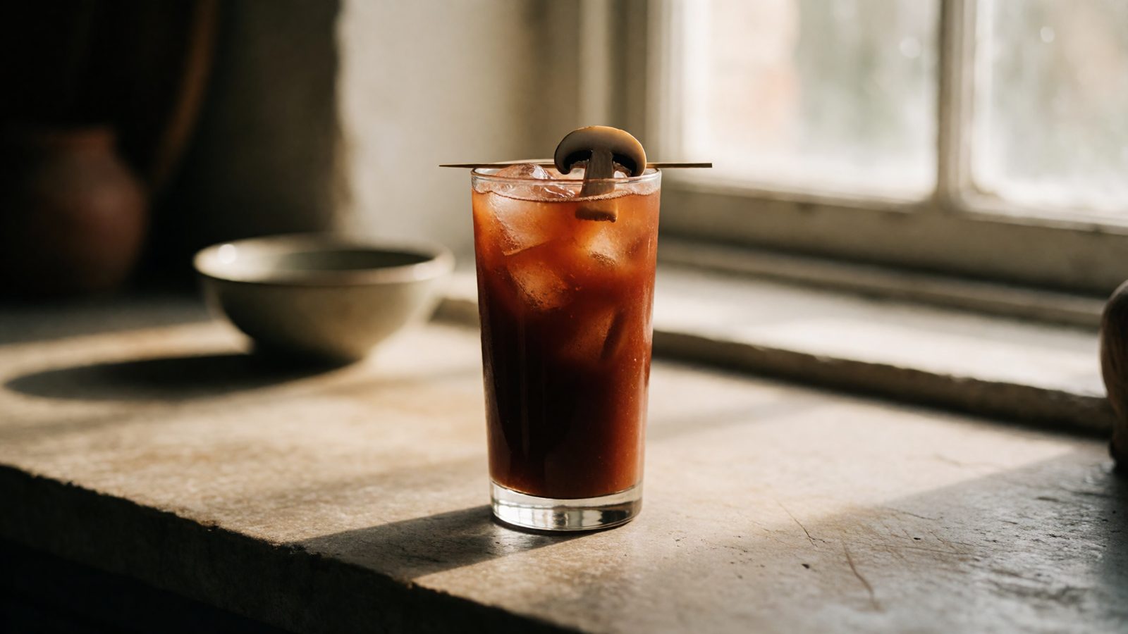 A dark reddish-brown Bloody Mary garnished with a sliced mushroom, built on black garlic and shiitake