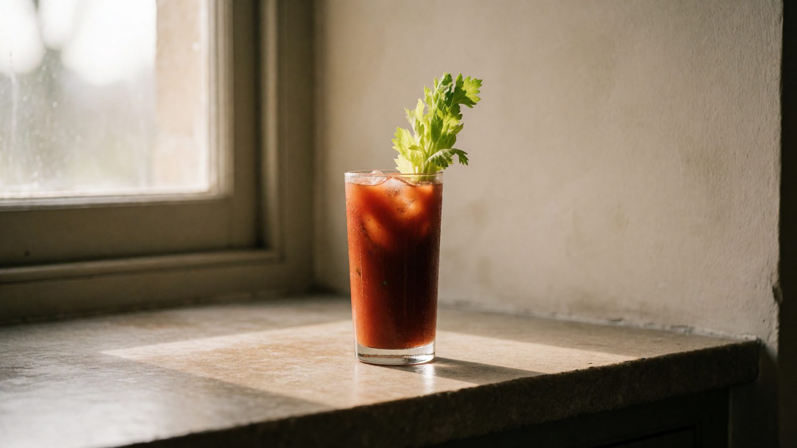 A single classic Bloody Mary with celery garnish on a stone kitchen counter in morning light