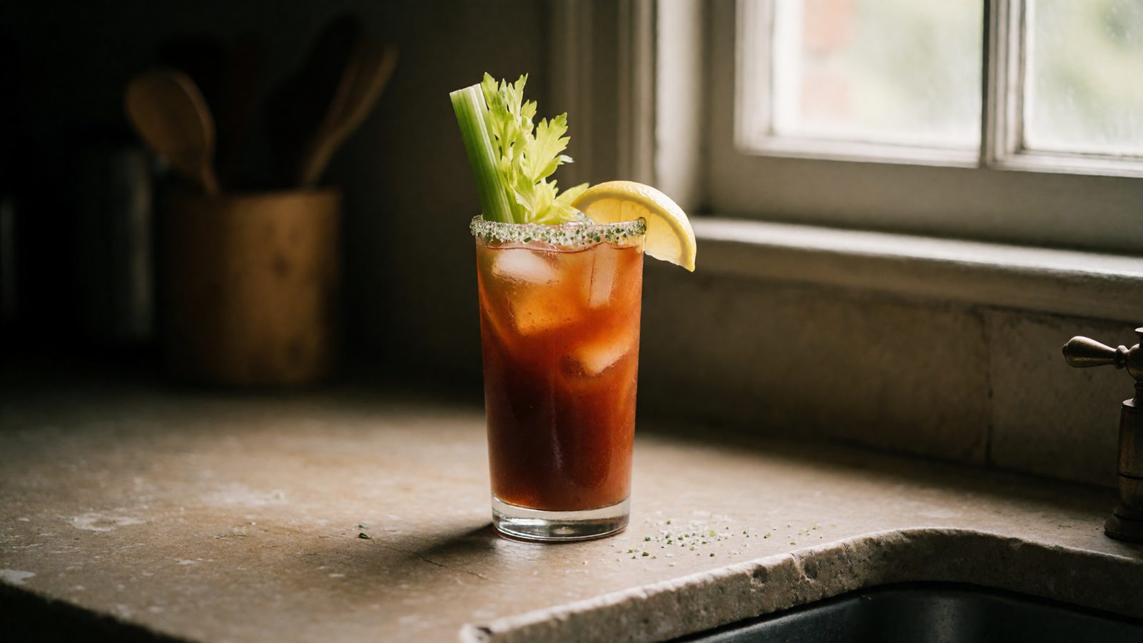 The Bloody Molly, an Irish whiskey Bloody Mary, tall glass on a stone counter in morning light