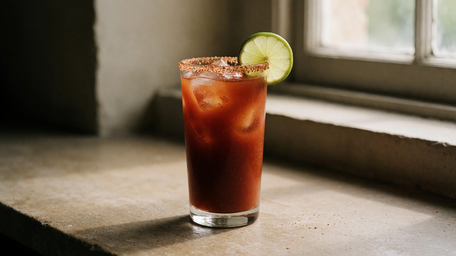 A smoky reddish-brown bourbon Bloody Mary with a smoked salt rim and lime wheel garnish