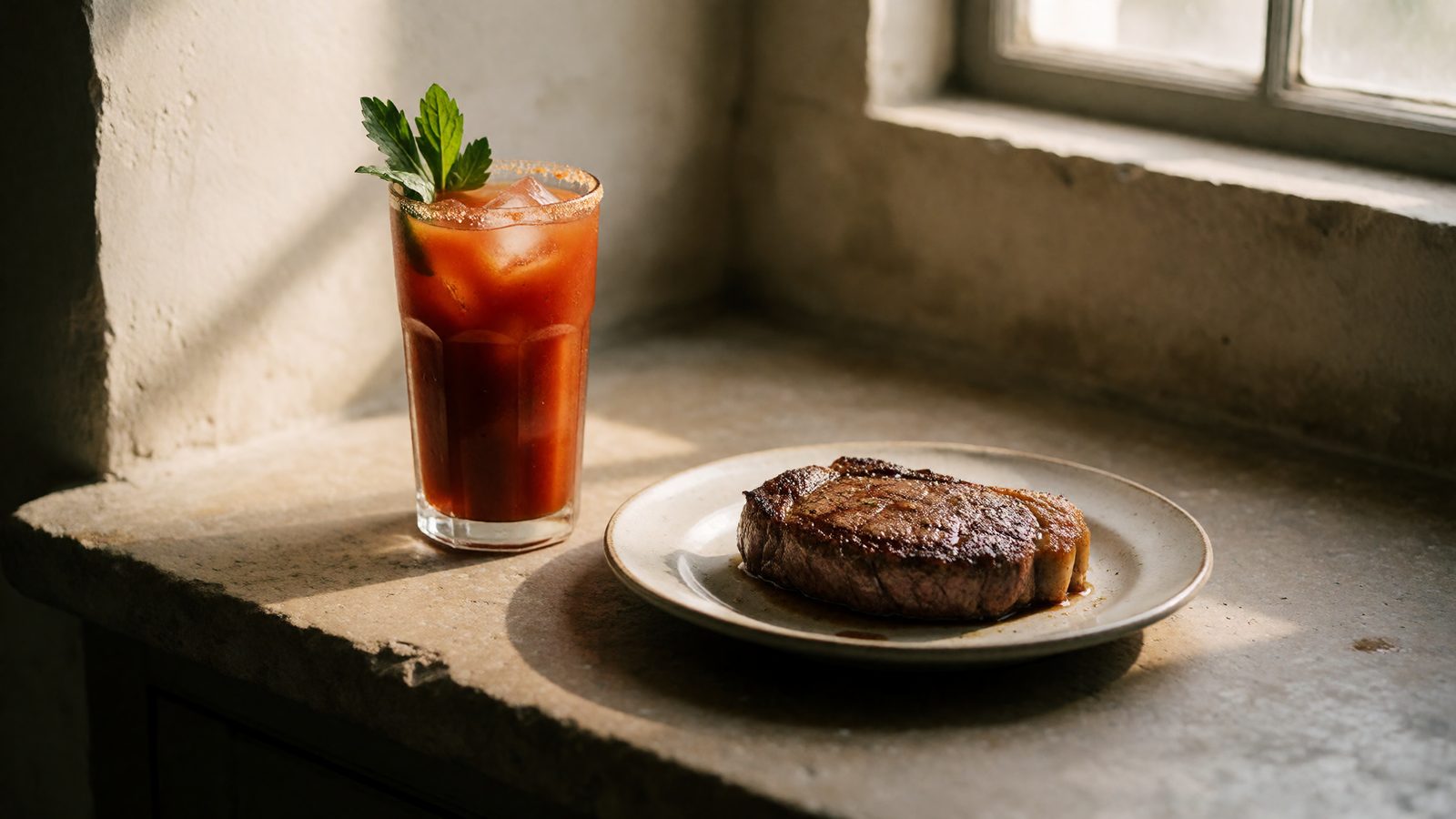 A Bloody Mary glass next to a seared steak on a stone kitchen counter, warm evening light