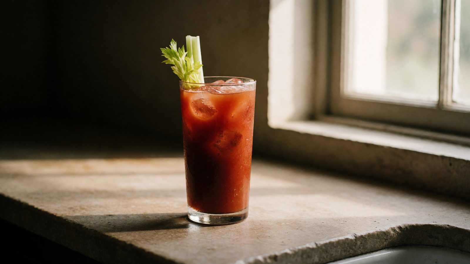 A Bloody Mary made with lacto-fermented tomato base, tall glass on a worn stone counter in morning light