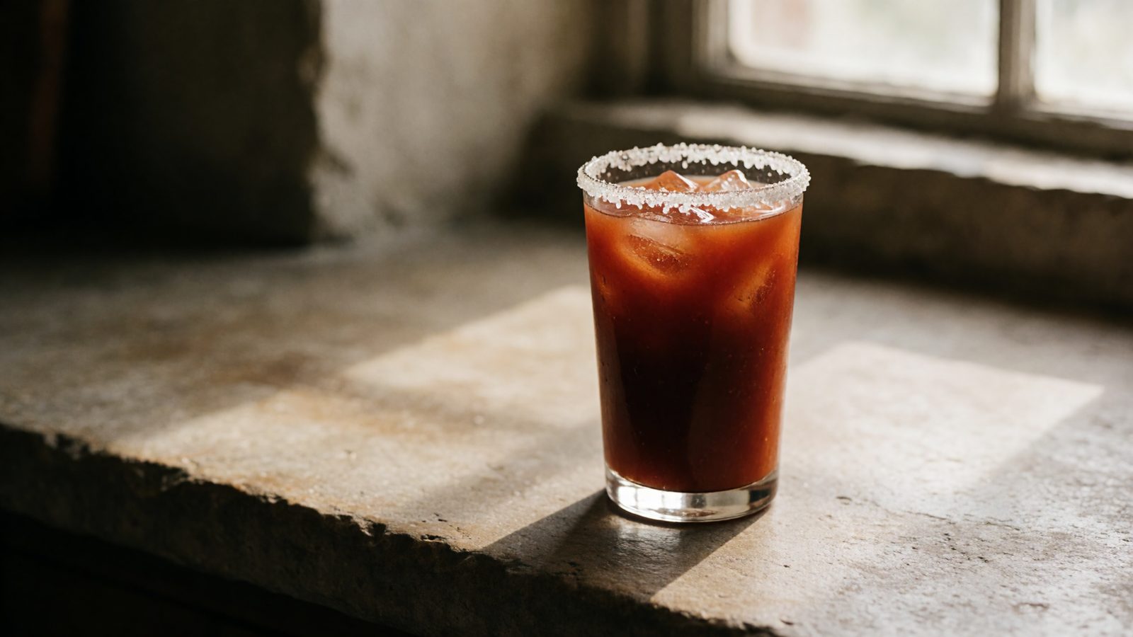 A Bloody Mary glass with a heavy visible coarse salt rim catching morning light
