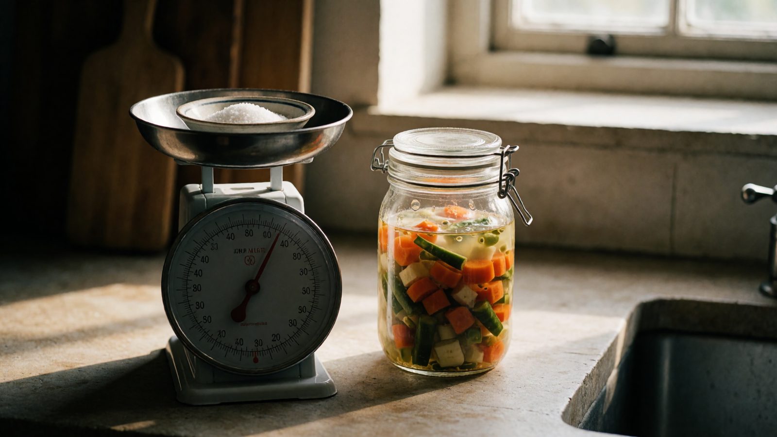 A kitchen scale weighing salt next to a glass jar of vegetables in brine on a stone counter