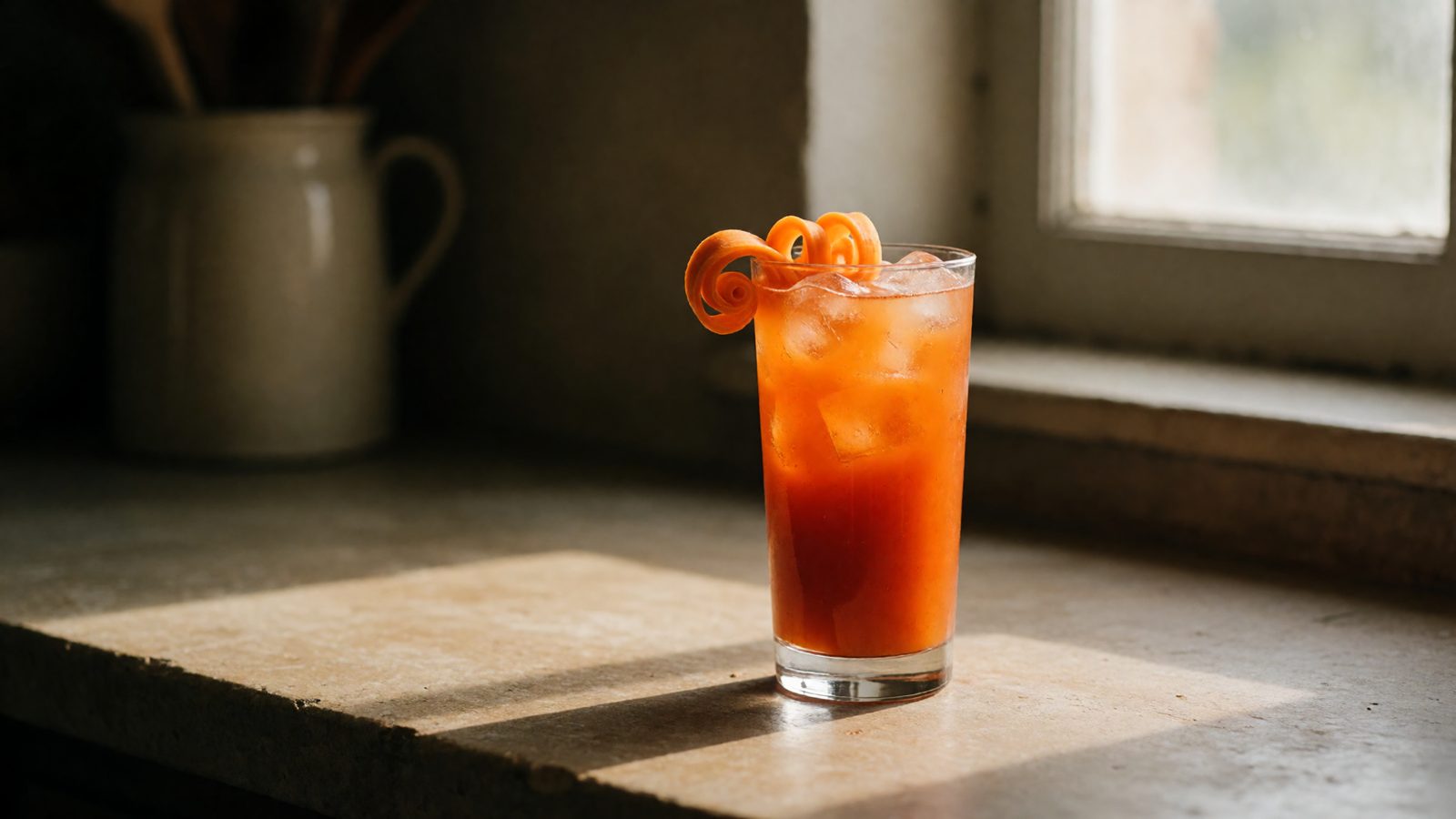 A bright orange turmeric and carrot Bloody Mary with a coiled carrot ribbon garnish