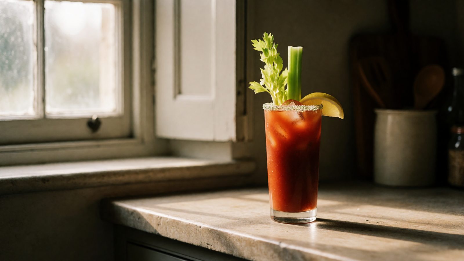 A non-alcoholic botanical Bloody Mary with a celery salt rim and classic garnish, styled like the full-proof version